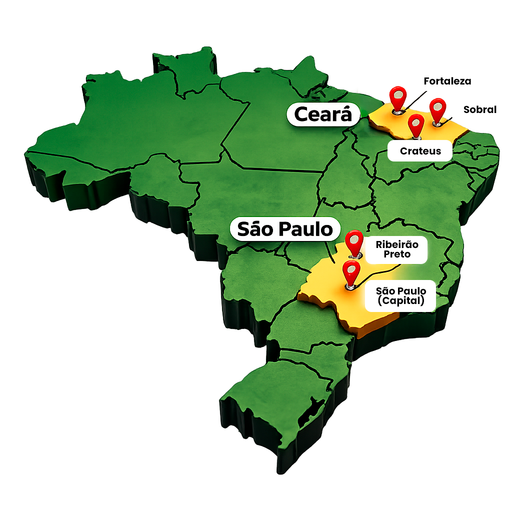 Mapa 3D do Brasil mostrando as cidades atendidas